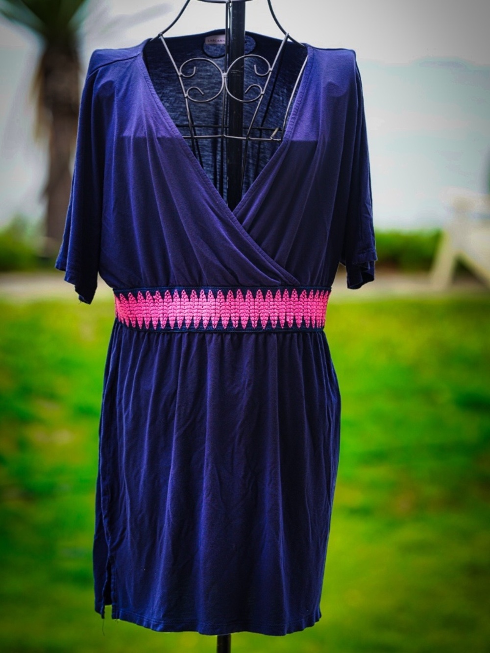 Lascana Navy Blue & Pink Embroidered Waist Tunic Top - Medium/Large